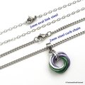 Genderqueer pride pendant necklace, chainmail love knot; lavender, white, and green nonbinary jewelry