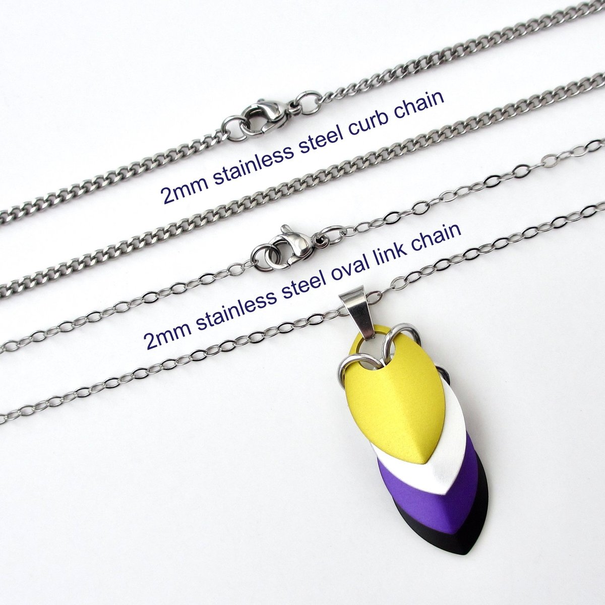 Nonbinary pendant necklace, chainmail scale pendant, pride jewelry; yellow, white, purple, black