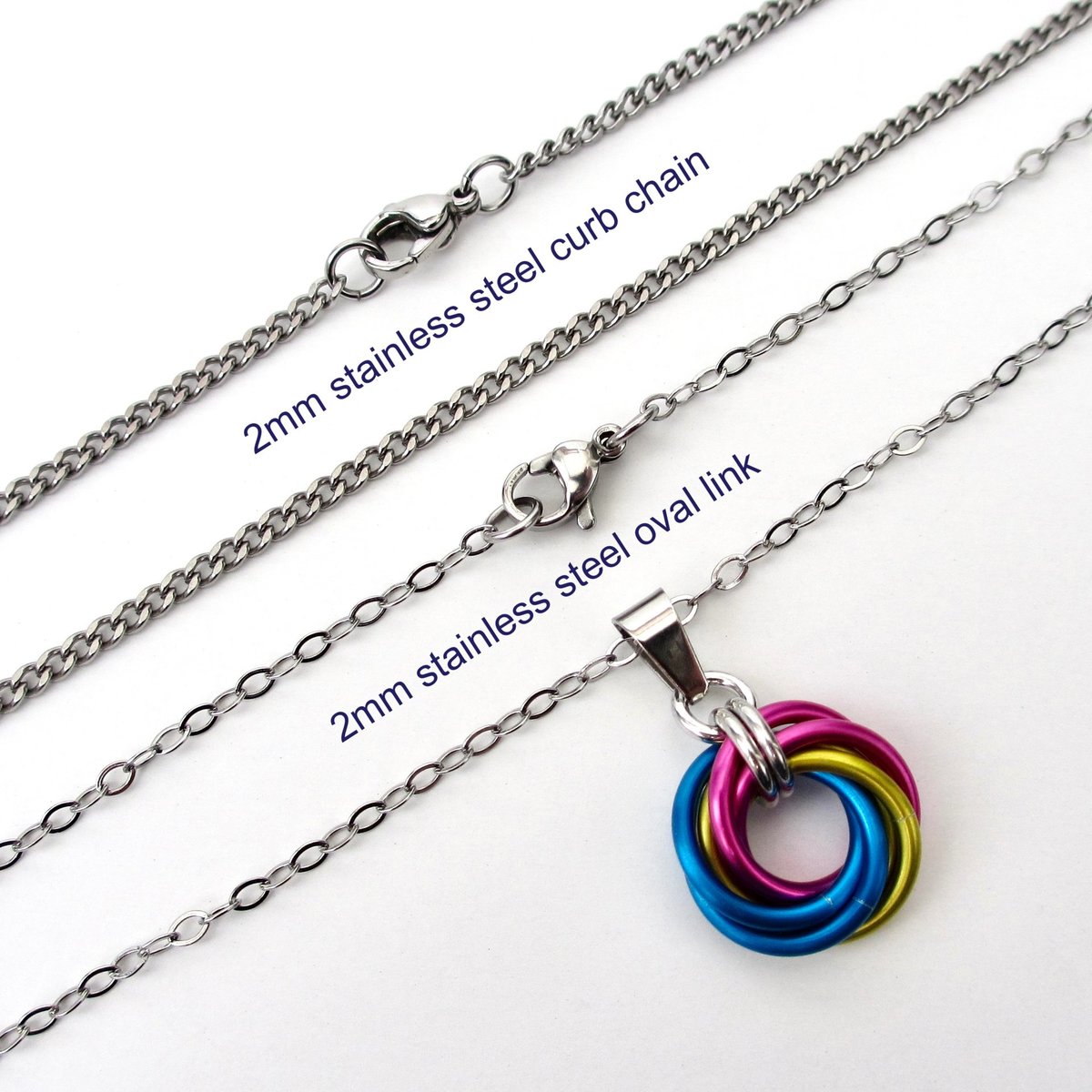 Pansexual pride pendant necklace, chainmail love knot, pan pride jewelry, pink yellow blue