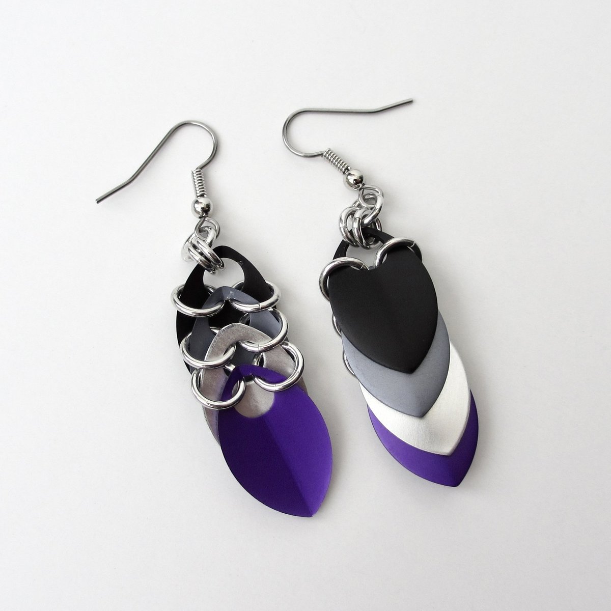 Ace pride earrings, chainmail scales earrings, asexual pride jewelry; black gray white purple