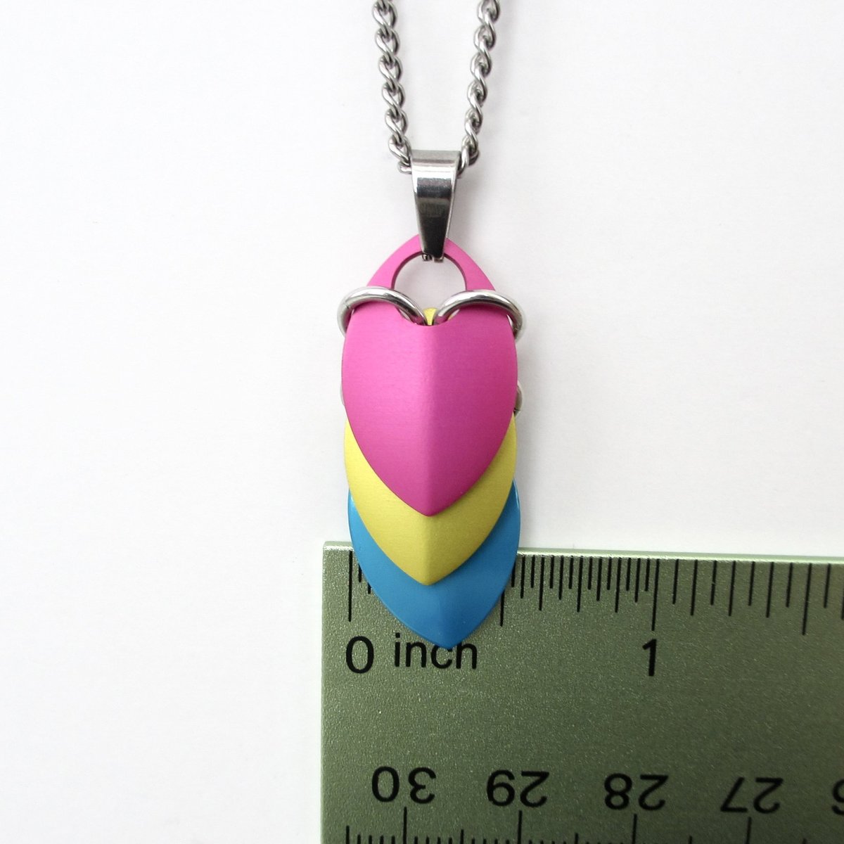 Pansexual pride pendant necklace, chainmail scale pendant, pan pride jewelry, pink yellow blue