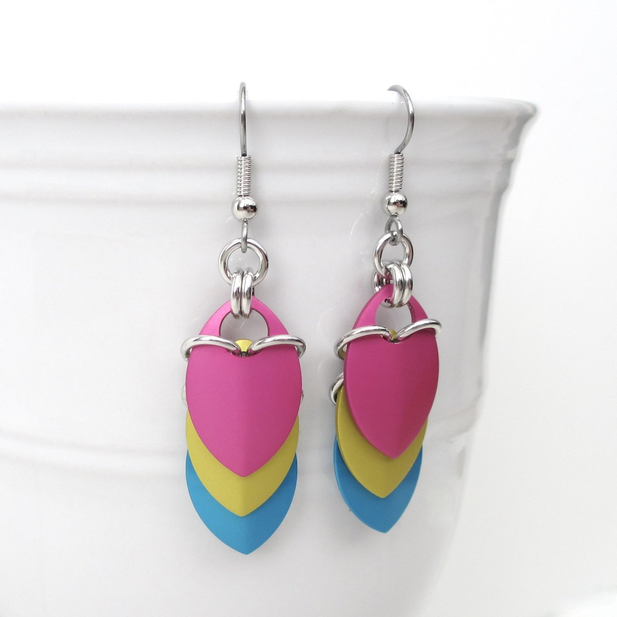 Pansexual pride earrings, pan pride jewelry, chainmail scales earrings; pink, yellow, light blue