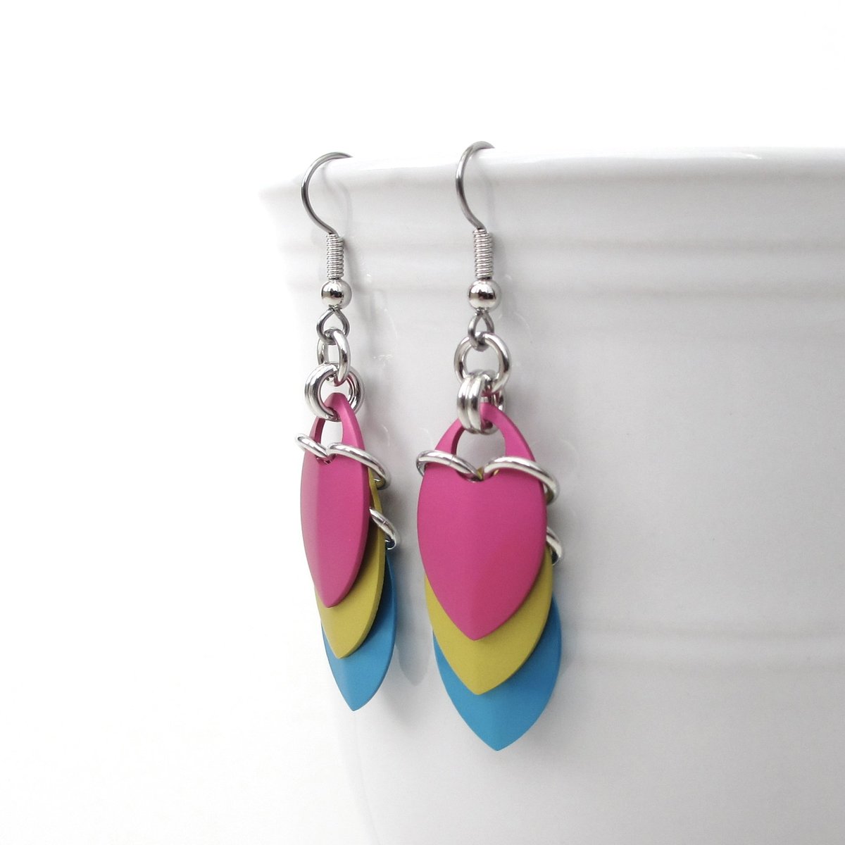 Pansexual pride earrings, pan pride jewelry, chainmail scales earrings; pink, yellow, light blue