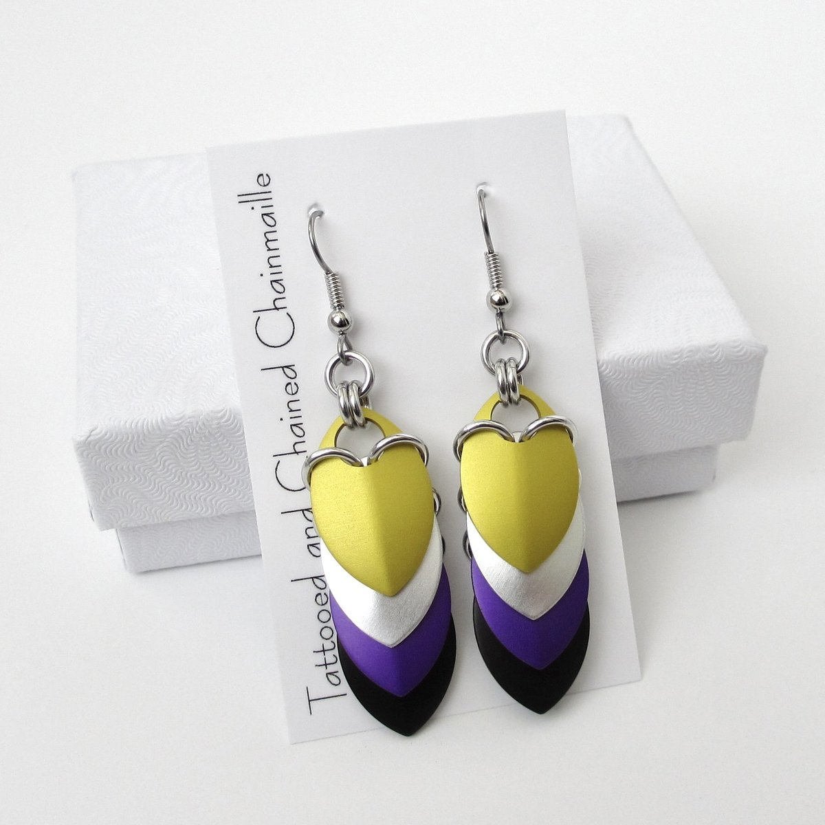 Nonbinary pride earrings, chainmail scales earrings, nonbinary pride jewelry; yellow white purple black