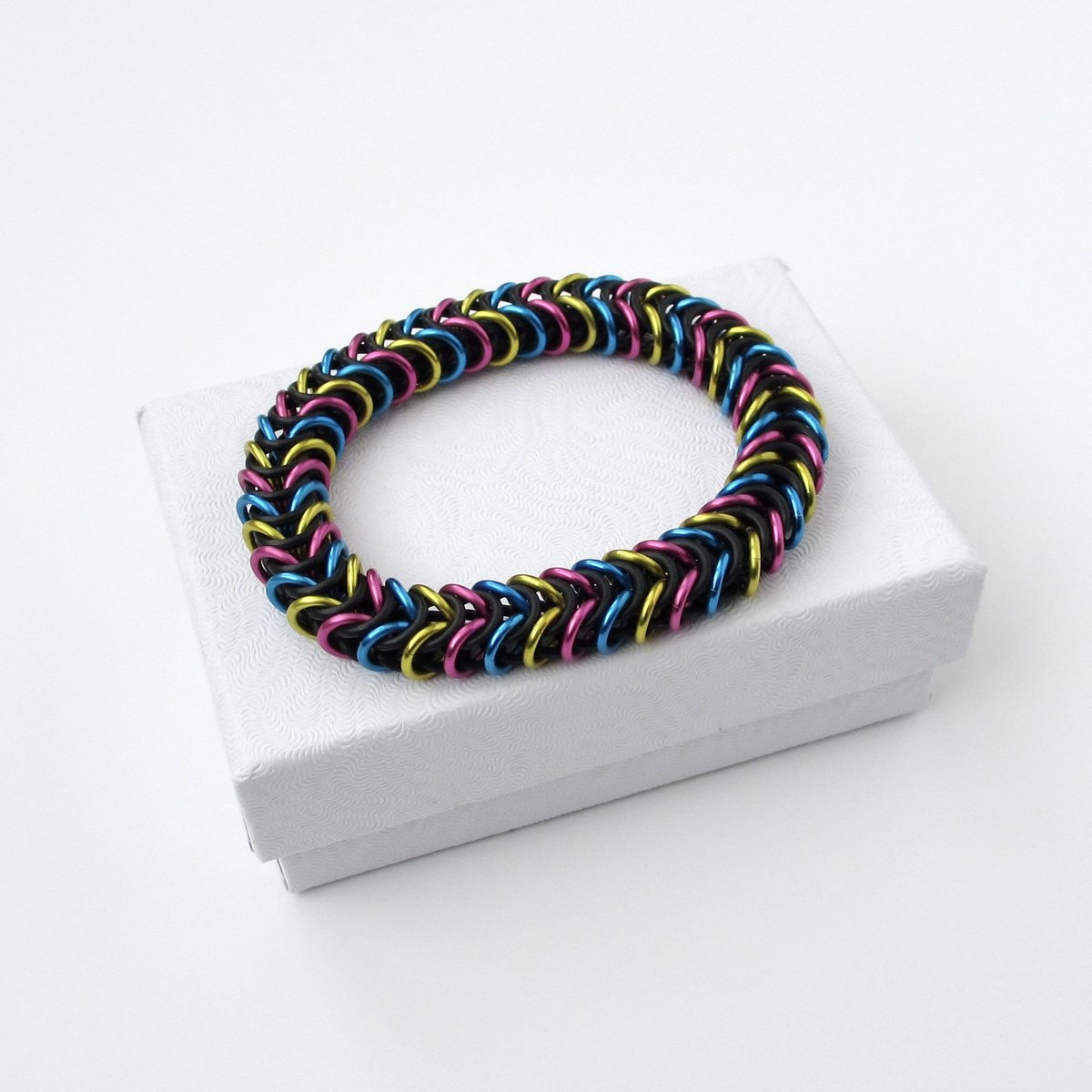Pansexual pride bracelet, chainmail stretchy box chain