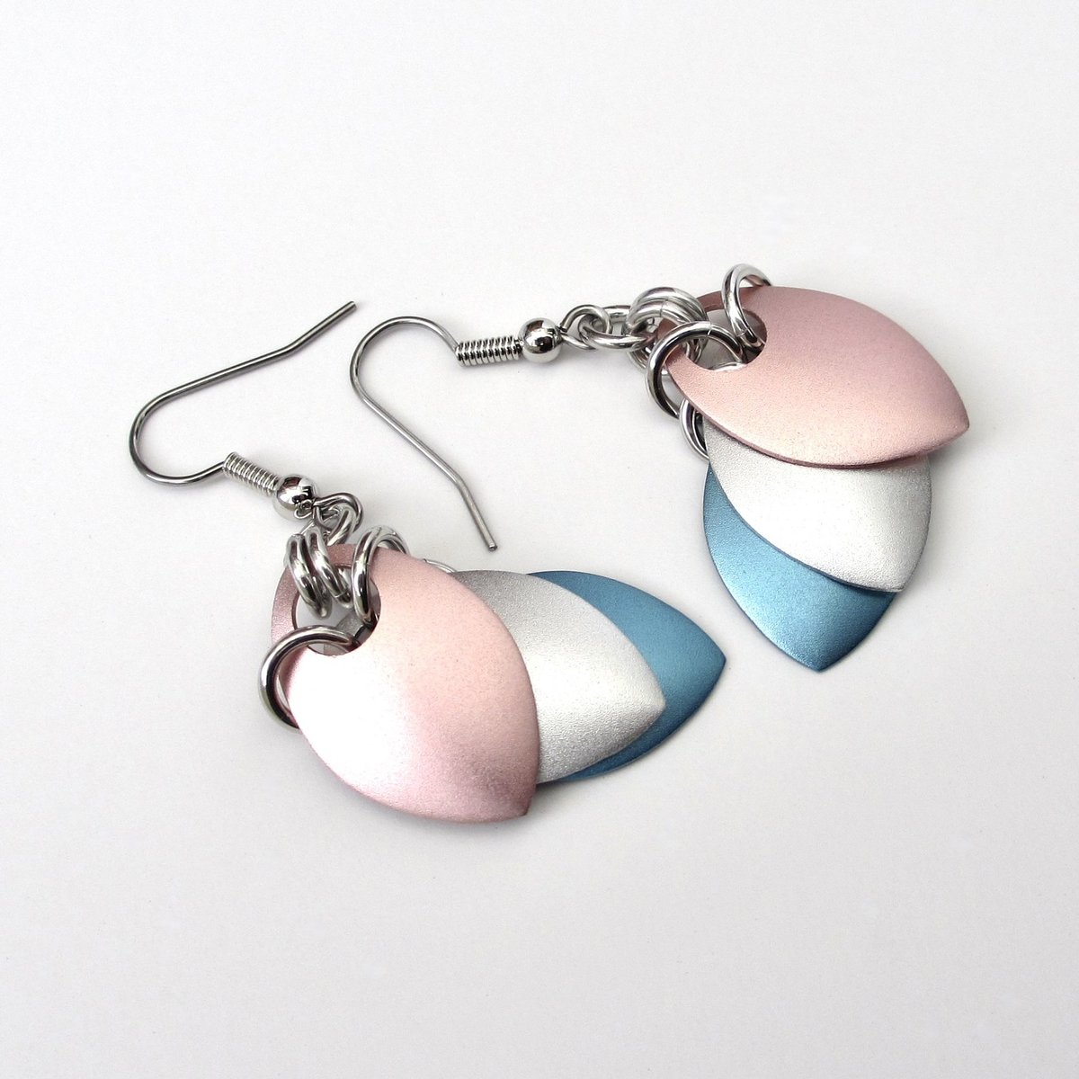 Transgender pride earrings, trans pride jewelry, chainmail scales earrings; pink white blue