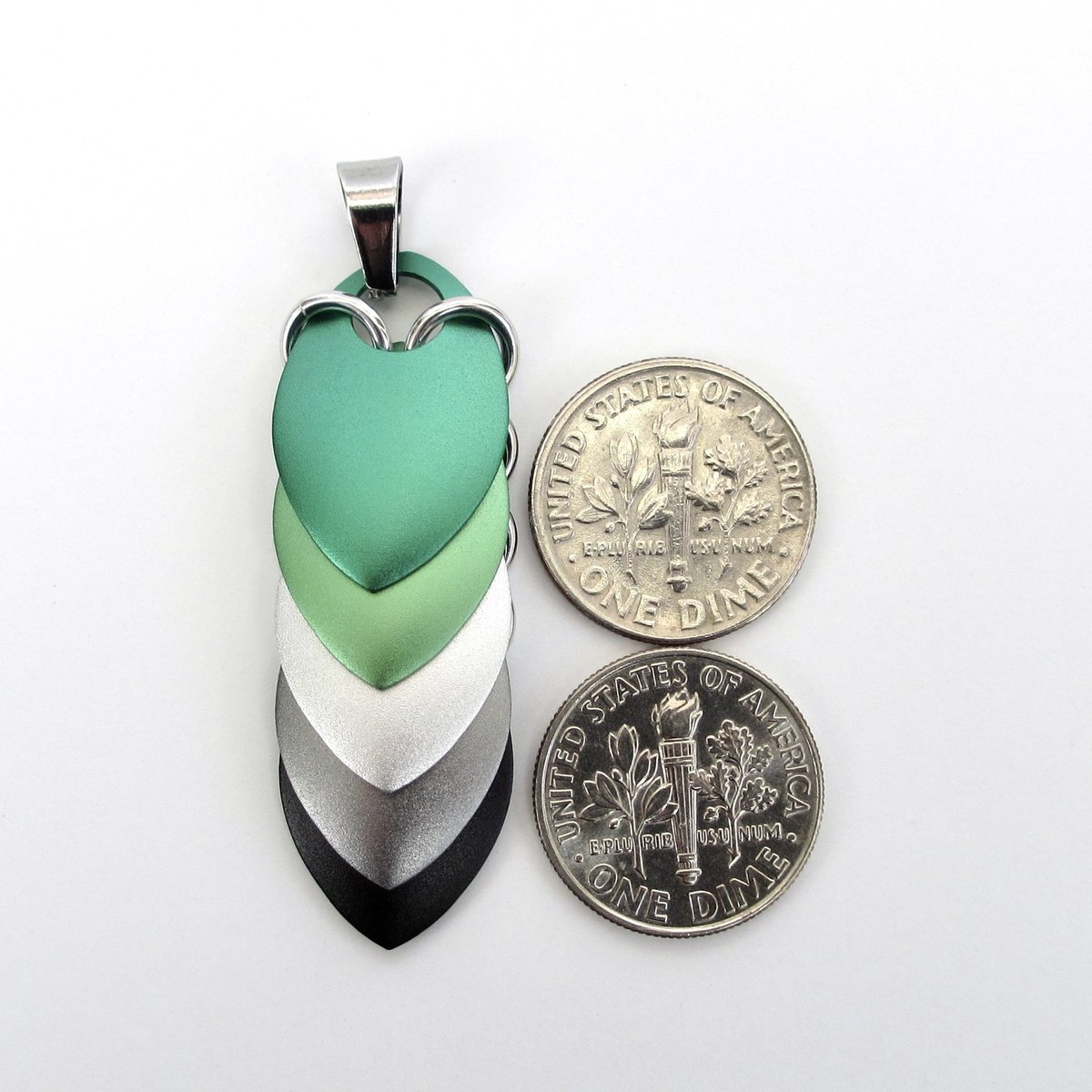 Aromantic pride pendant necklace, chainmail scale pendant, aro pride jewelry, green white gray black