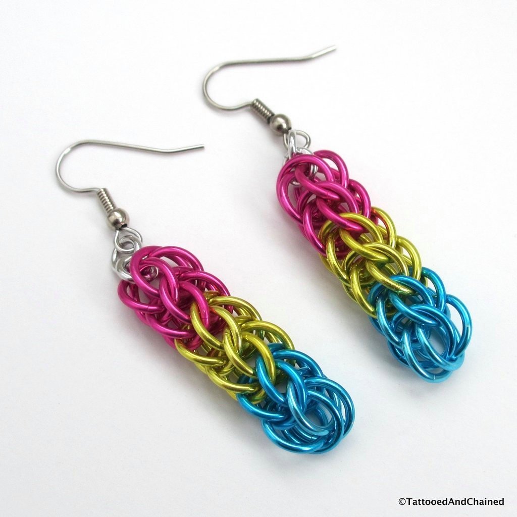 Pansexual pride earrings, chainmail earrings, pan pride jewelry, Full Persian chainmail weave; pink, yellow, light blue
