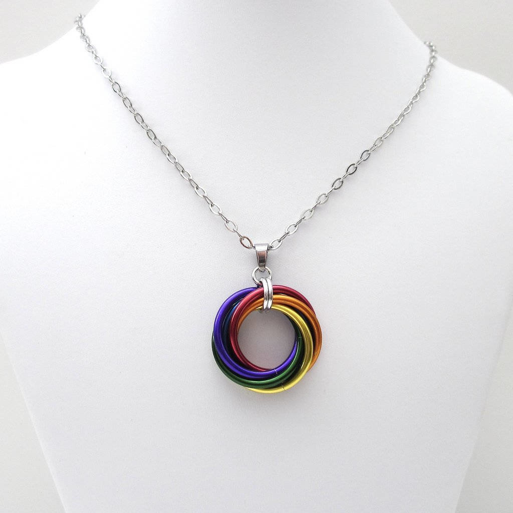 LGBTQ pride necklace, large love knot chainmail pendant, rainbow gay pride jewelry