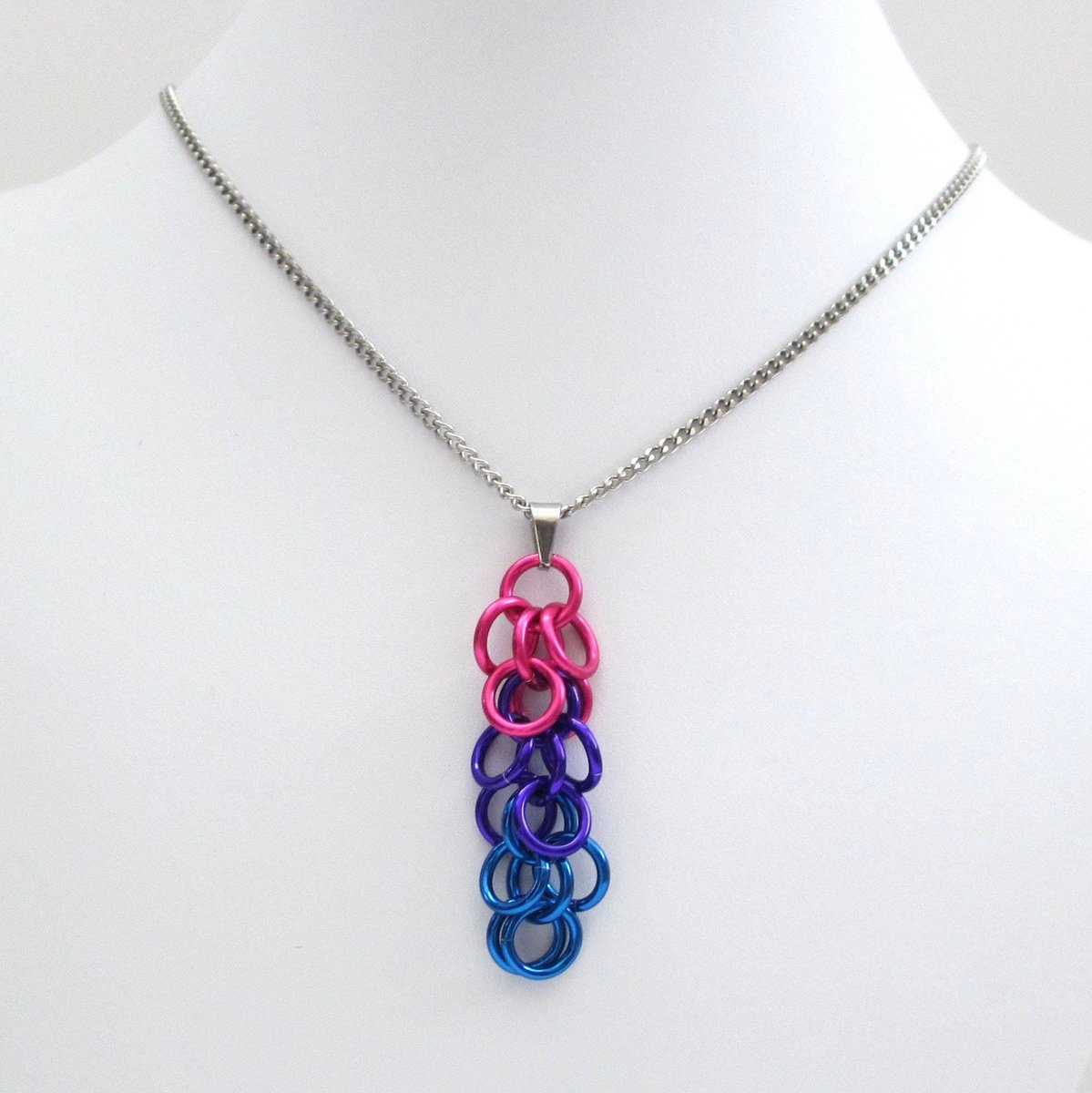 Chainmail bisexual pride pendant, shaggy loop weave; pink purple blue bi pride jewelry