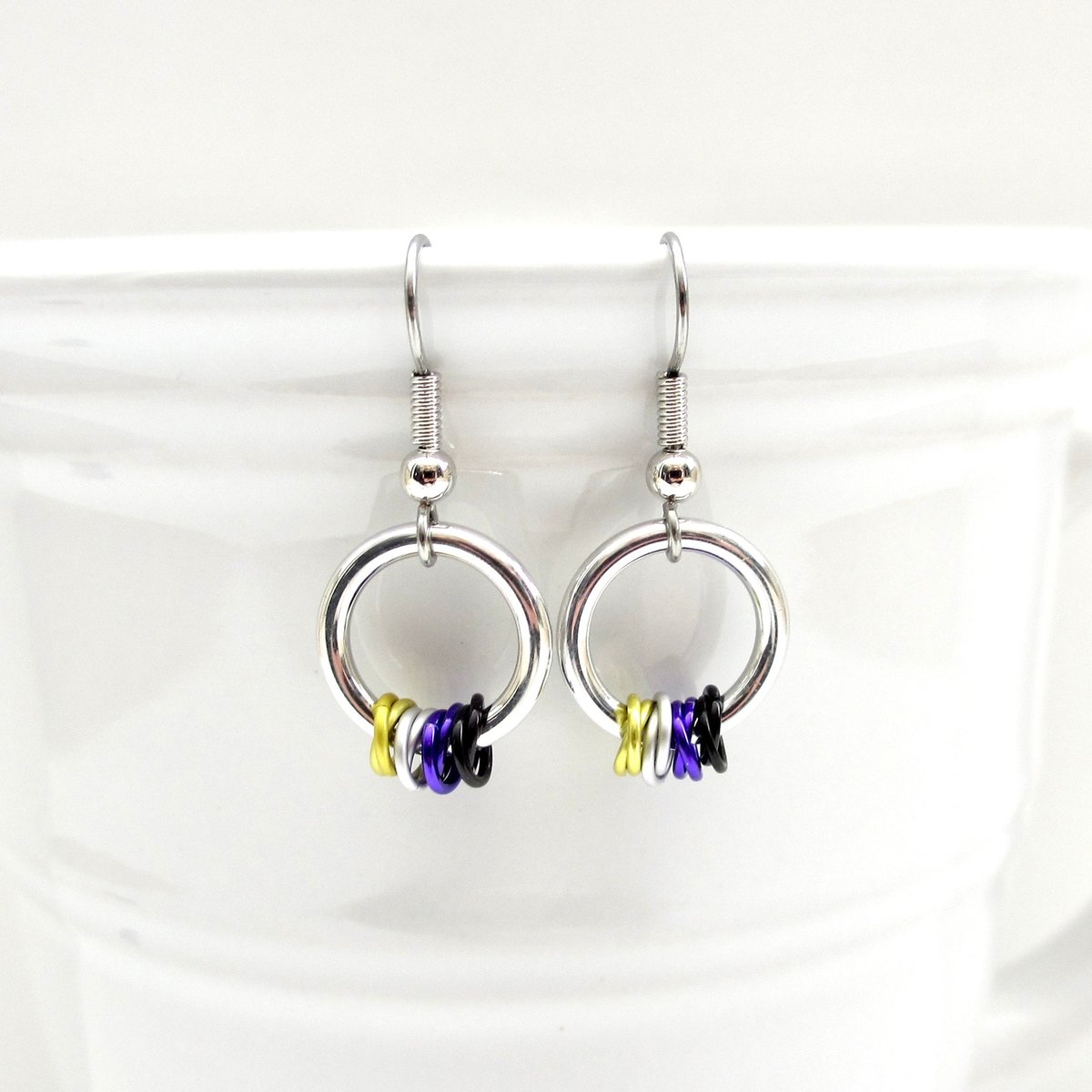 Nonbinary pride earrings, subtle LGBTQ pride jewelry; yellow, white, purple, black