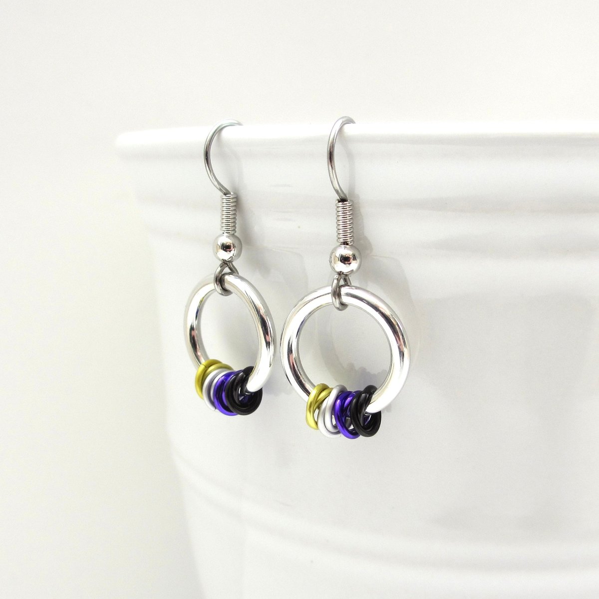 Nonbinary pride earrings, subtle LGBTQ pride jewelry; yellow, white, purple, black