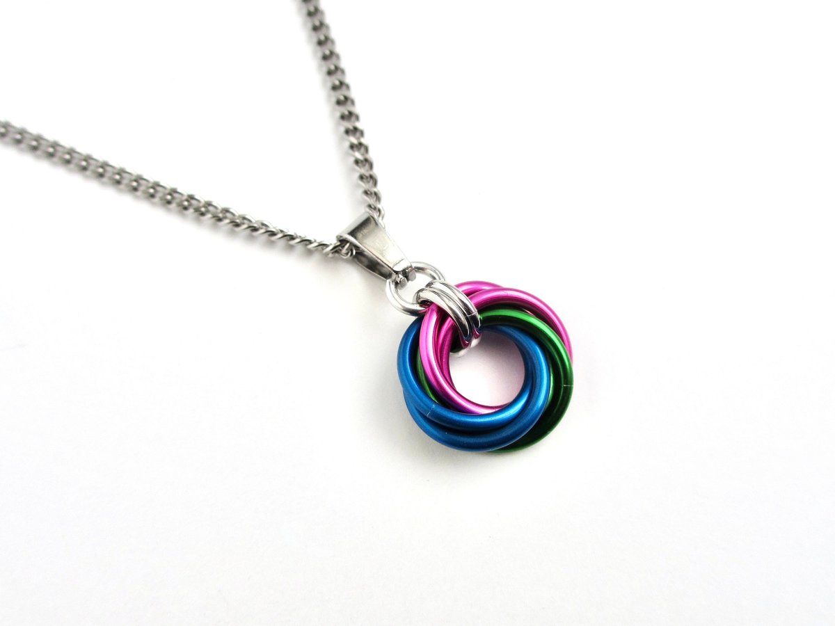 Polysexual pride pendant necklace, chainmail love knot, LGBTQ pride jewelry