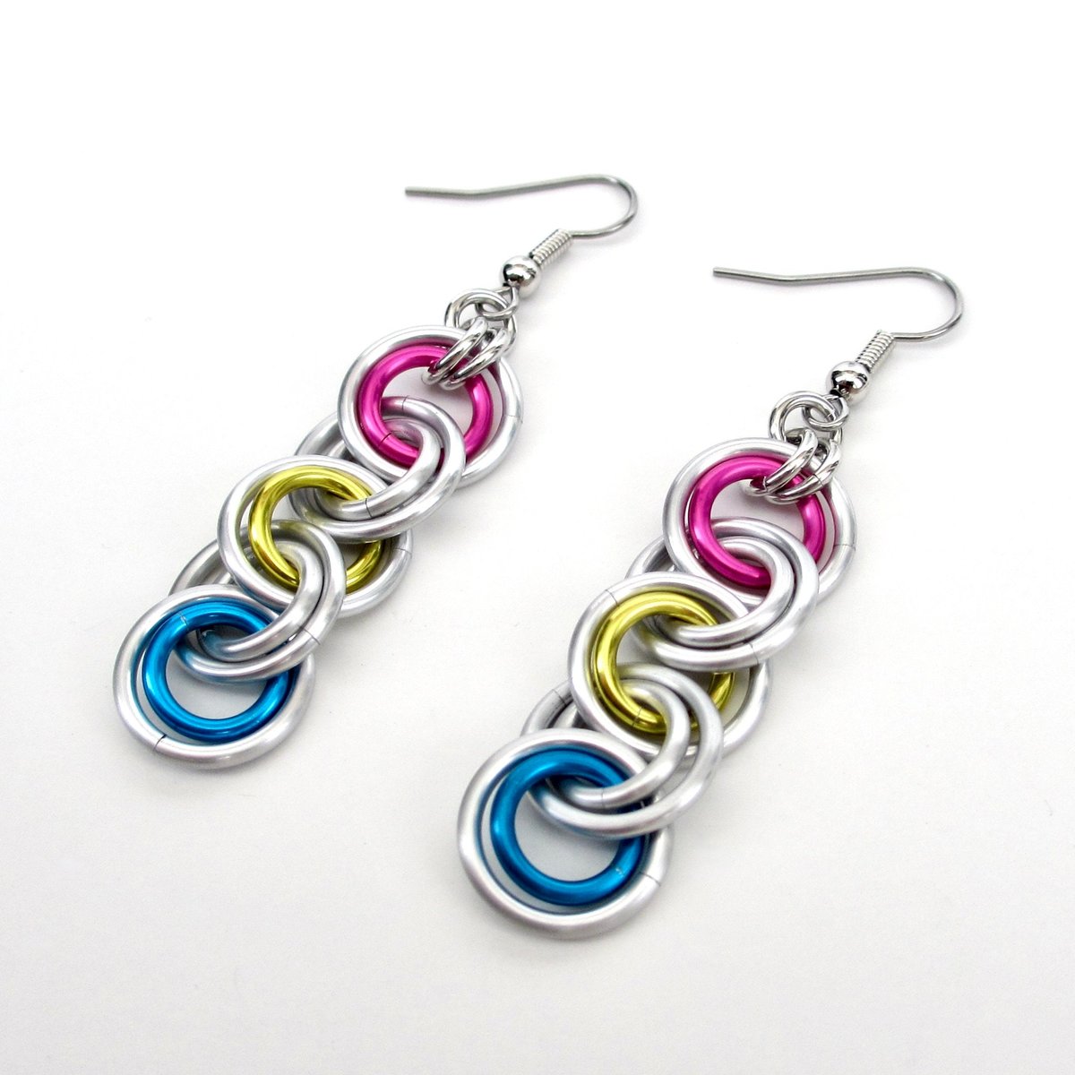 Pansexual pride jewelry, long chainmail LGBTQ earrings, pink yellow blue