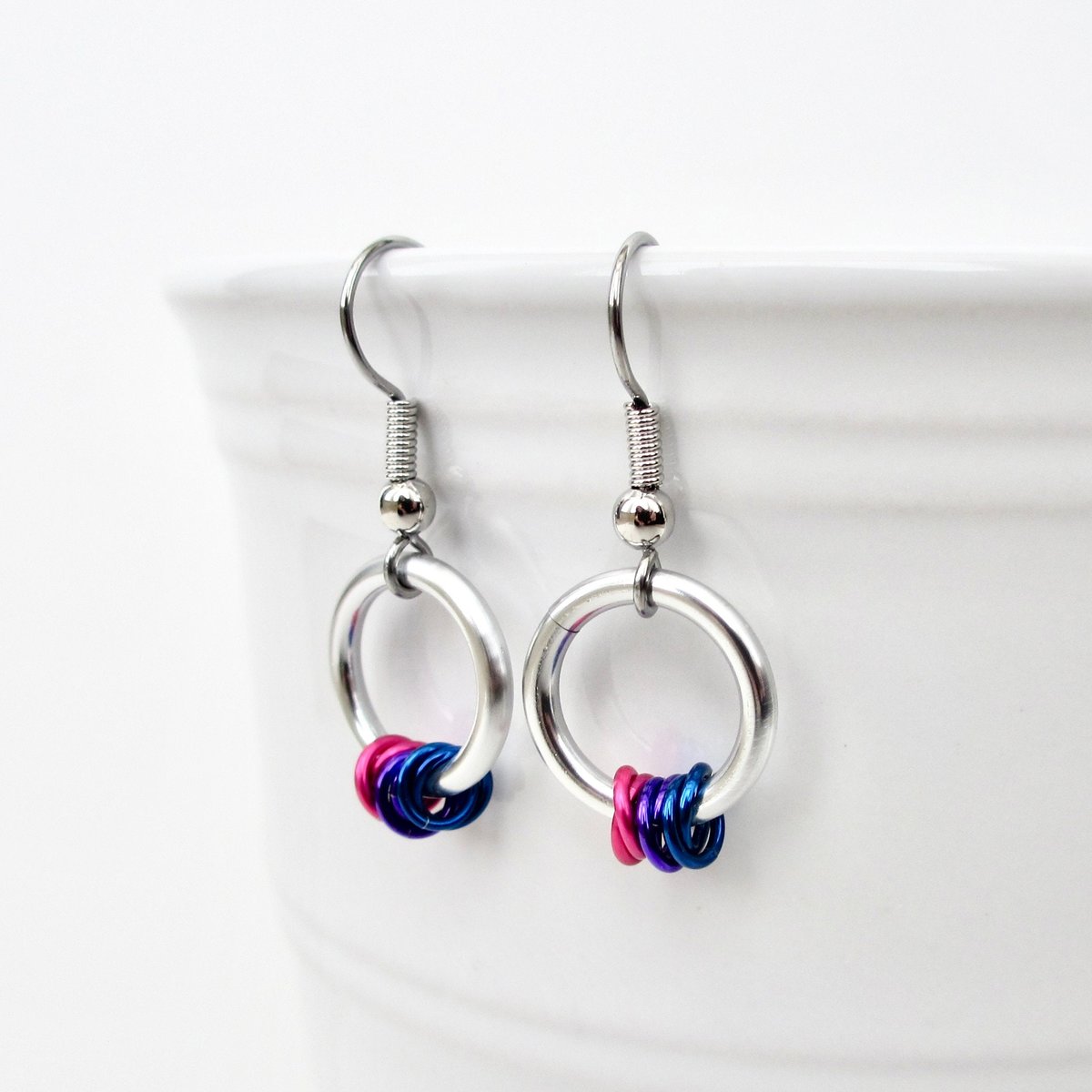 Bisexual pride chainmail earrings, subtle LGBTQ pride jewelry; pink, purple, blue