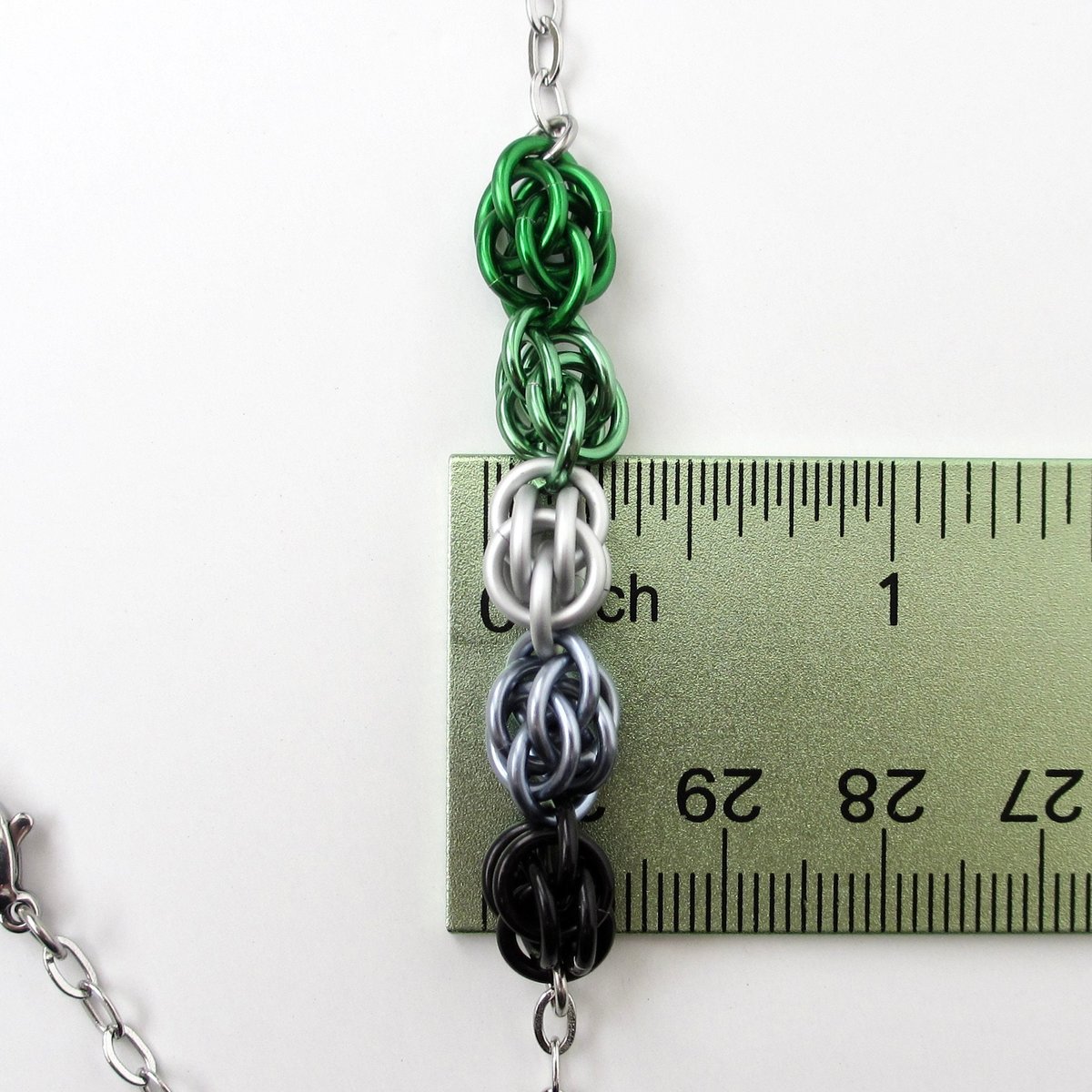Aromantic pride necklace, chainmail jewelry, Sweetpea weave - green, white, gray, black