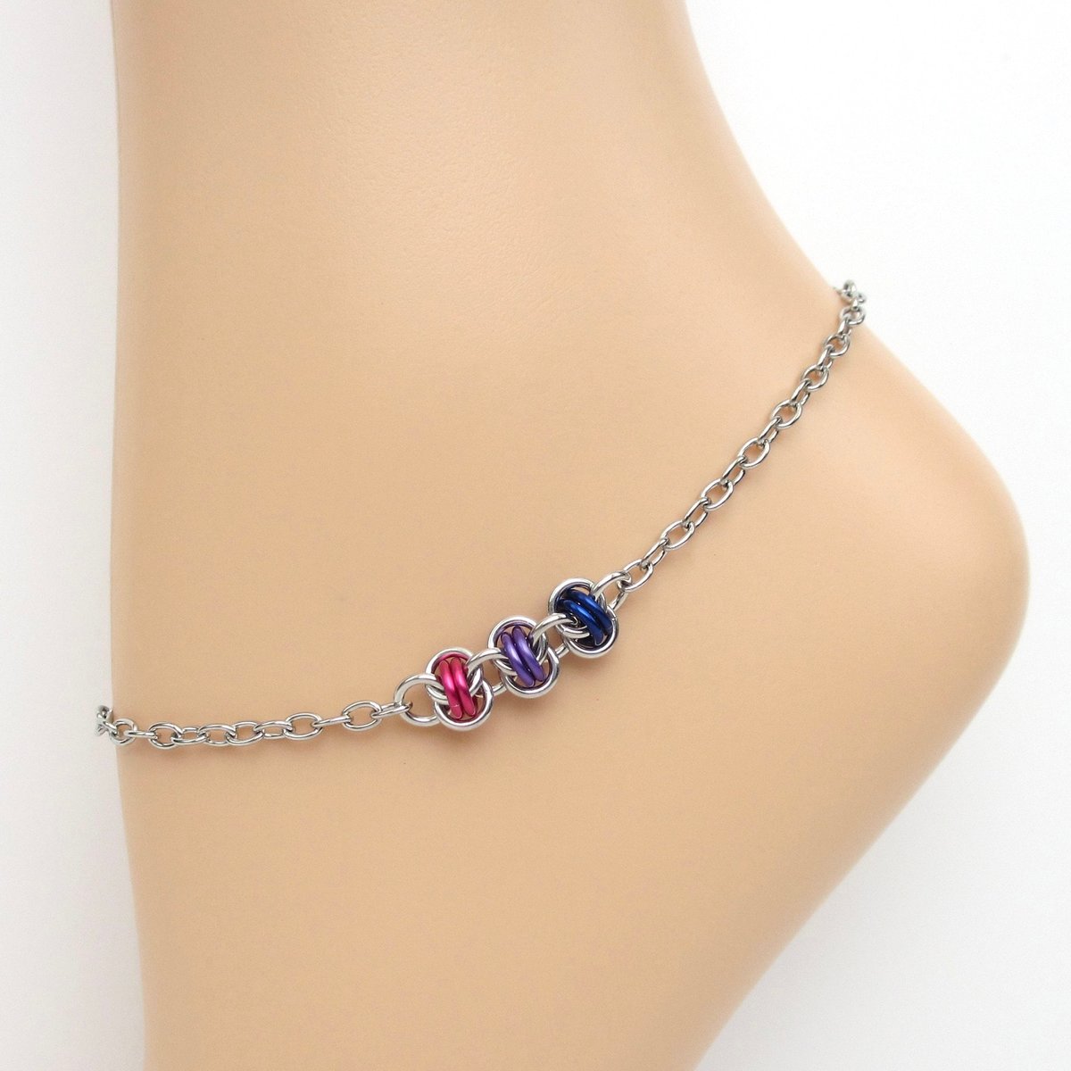 Bi pride anklet, chainmail barrel weave, subtle bisexual jewelry gifts