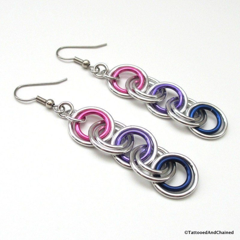 Bisexual pride jewelry, long chainmaille earrings, pink purple blue
