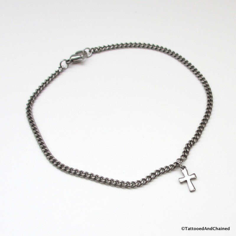 Cross anklet, stainless steel 3mm curb chain anklet