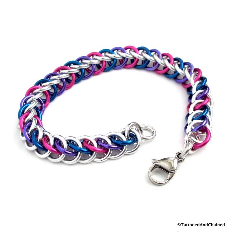 Bisexual pride bracelet, chainmail half Persian 3 in 1 bracelet for men or women, bi pride jewelry, pink purple blue