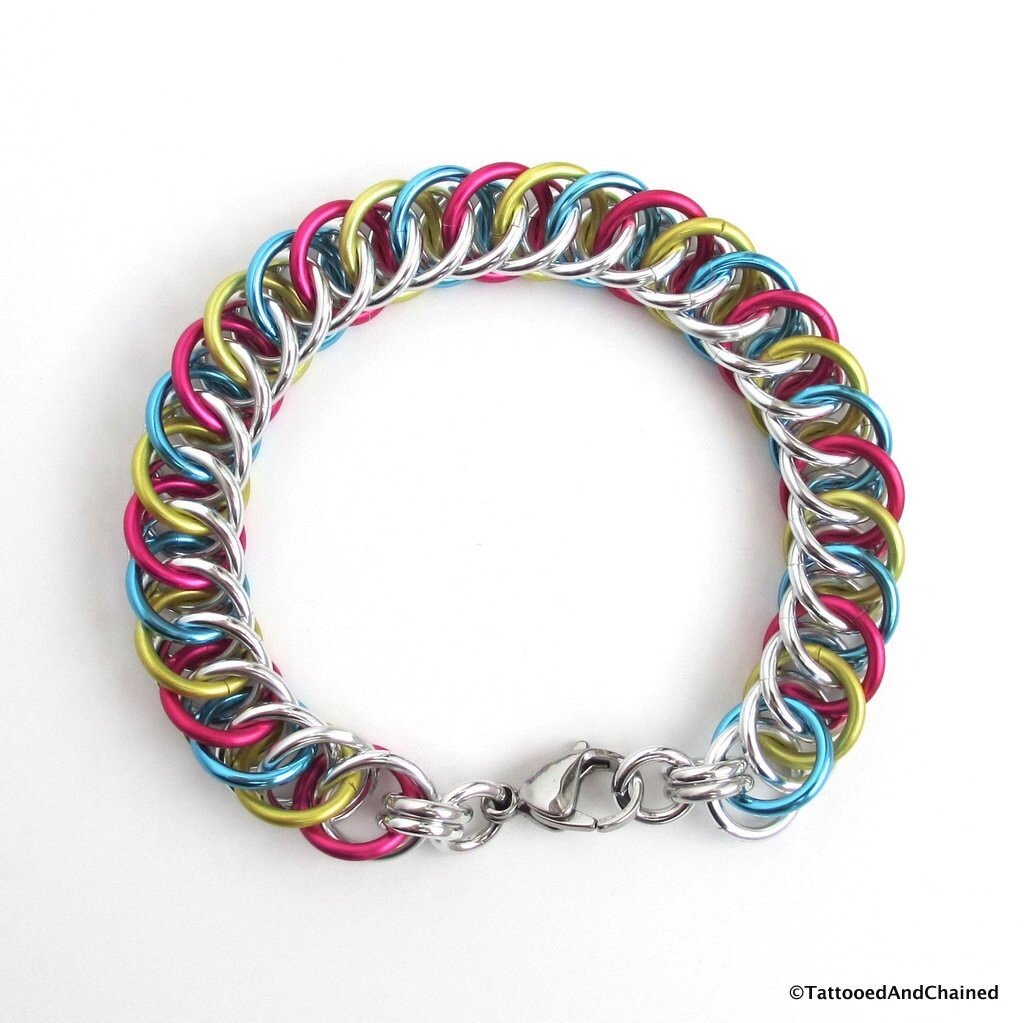 Pansexual pride bracelet, chainmail half Persian 4 in 1 weave, pan pride jewelry