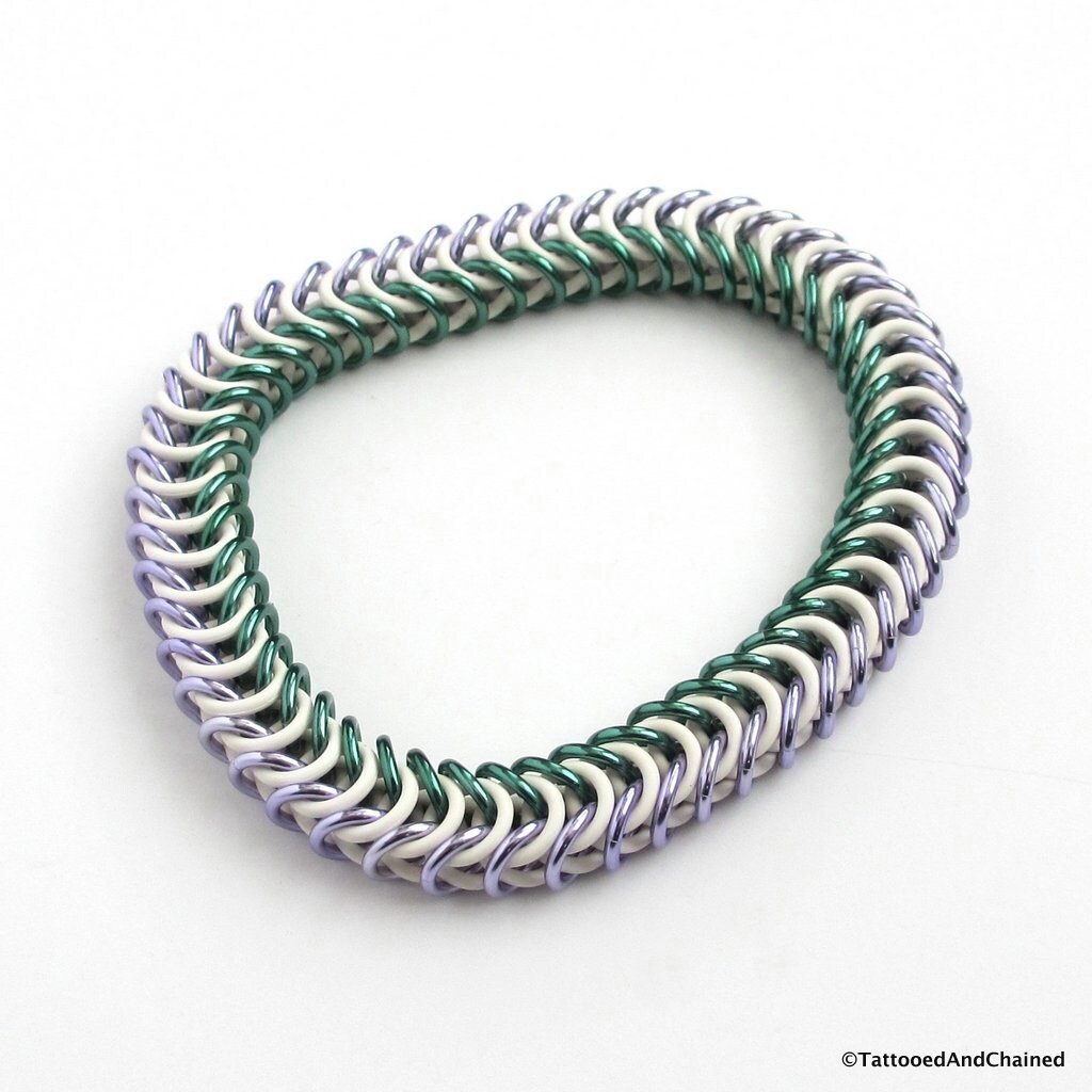 Genderqueer pride bracelet, stretchy chainmail bracelet; lavender, white and green box chain