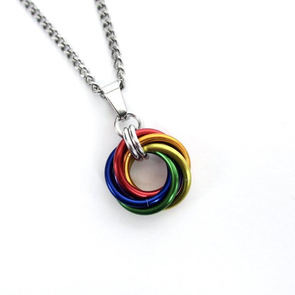 Gay pride pendant necklace, chainmail love knot, rainbow LGBT jewelry