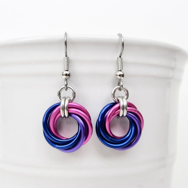 Bisexual pride earrings, love knot chainmail earrings, bi pride jewelry; pink, purple, blue