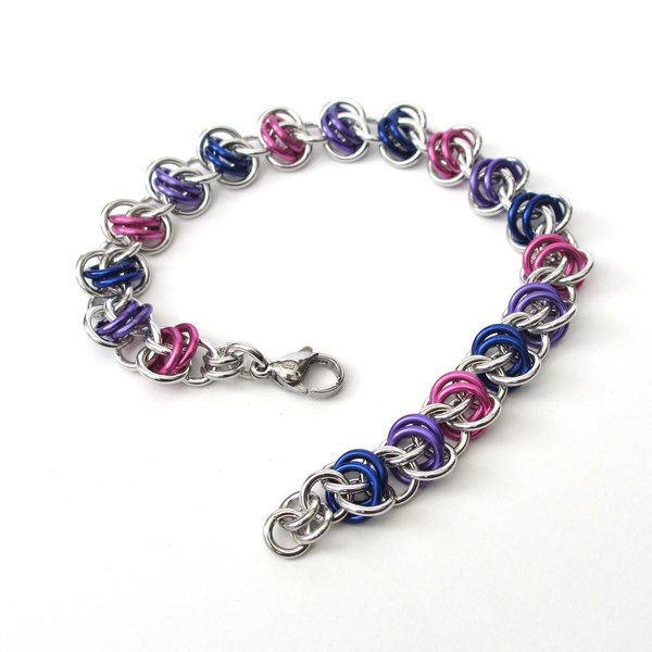 Bi pride bracelet, chainmaille bracelet, bisexual jewelry, barrel weave chainmaille