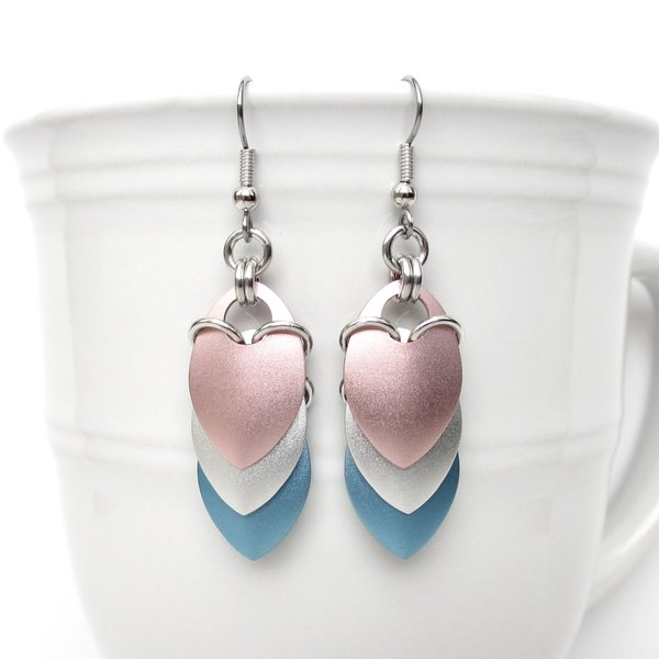 Transgender pride earrings, trans pride jewelry, chainmail scales earrings; pink white blue