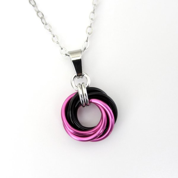 Hot pink and black pendant, chainmail love knot necklace, small, swirled circle minimalist jewelry