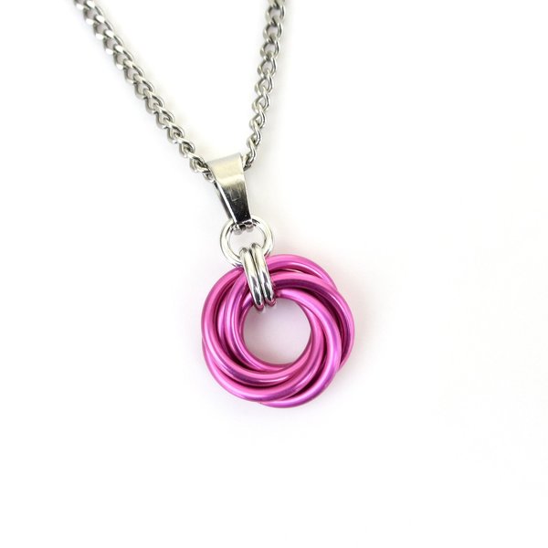 Hot pink pendant necklace, chainmail love knot, dainty pendant, circle pendant, chainmail jewelry