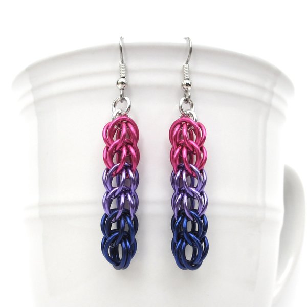 Bisexual pride earrings, bi pride jewelry, chainmail earrings, full Persian chainmail weave; pink, purple, blue