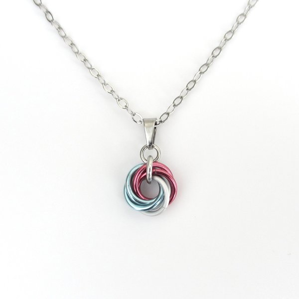 Transgender pride pendant, TINY chainmail love knot, trans pride jewelry