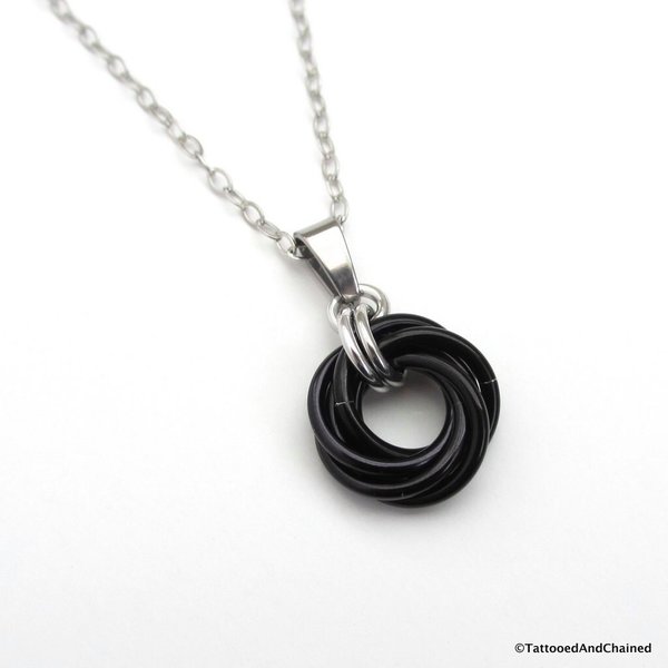 Black love knot pendant, small circle necklace, black chainmail jewelry