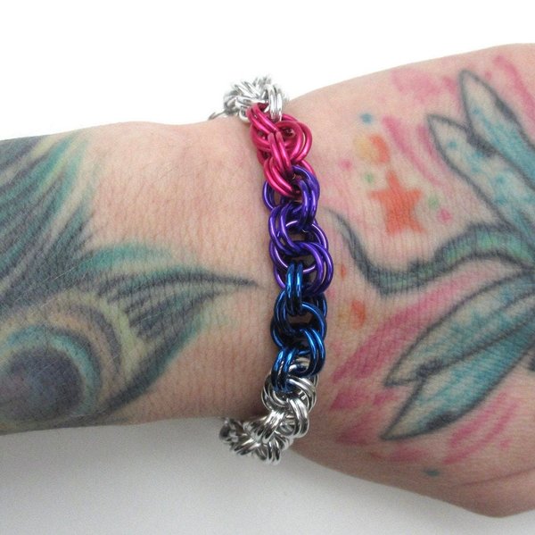 Bi pride bracelet, bisexual pride jewelry, LGBT chainmail double spiral weave; pink, purple, blue