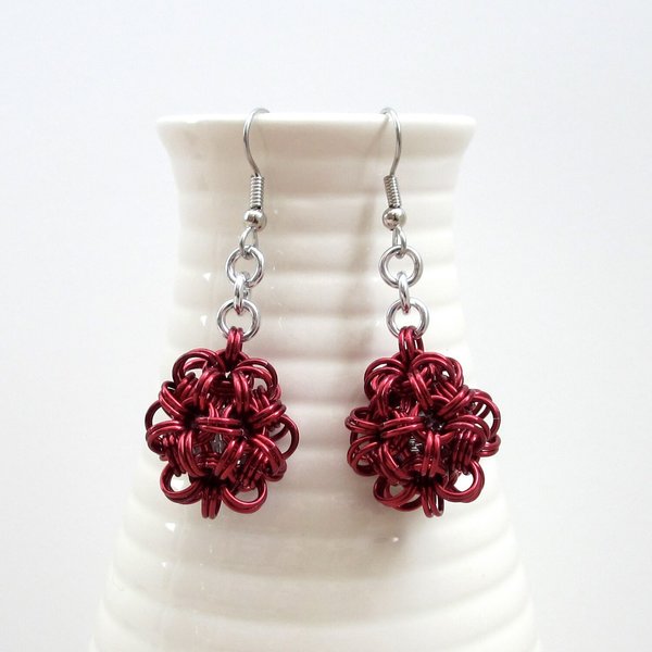 Red chainmaille earrings, mini dodecahedrons
