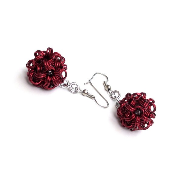 Red chainmaille earrings, mini dodecahedrons