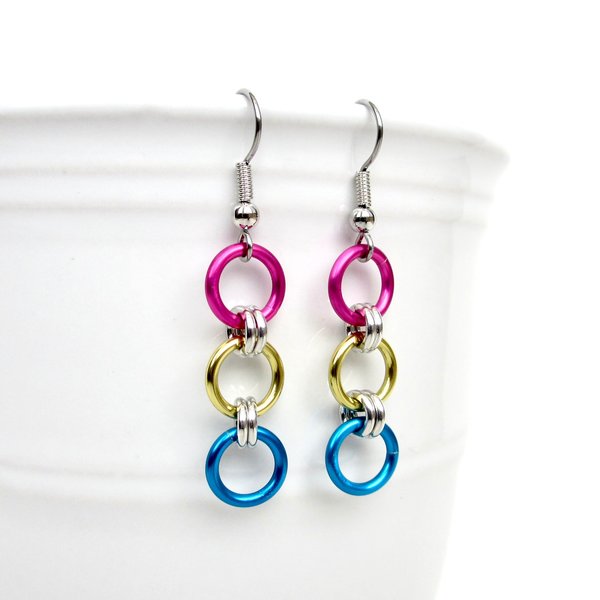 Pansexual pride flag earrings, simple LGBTQ chainmail jewelry
