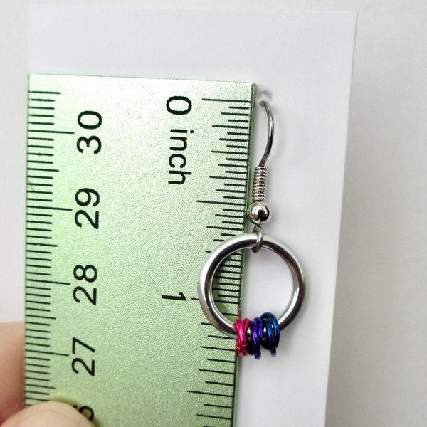 Bisexual pride chainmail earrings, subtle LGBTQ pride jewelry; pink, purple, blue
