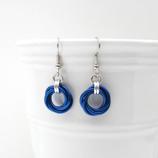 Blue chainmaille Love Knot earrings, small blue hoop earrings, petite jewelry, chainmaille jewelry