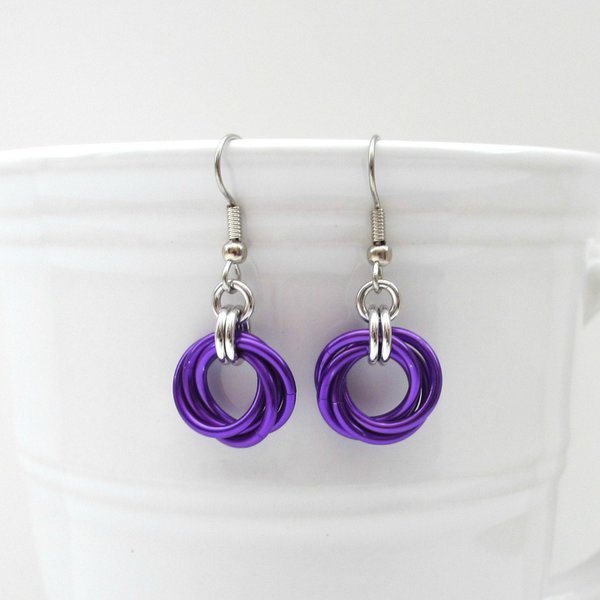 Purple love knot earrings, chainmail earrings, purple jewelry, small circle earrings
