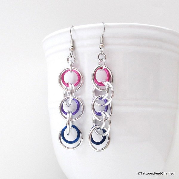Bisexual pride jewelry, long chainmaille earrings, pink purple blue