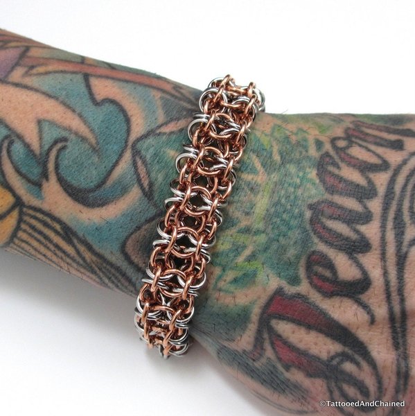 Men's chainmaille bracelet, stainless steel and copper, gridlock Byzantine weave