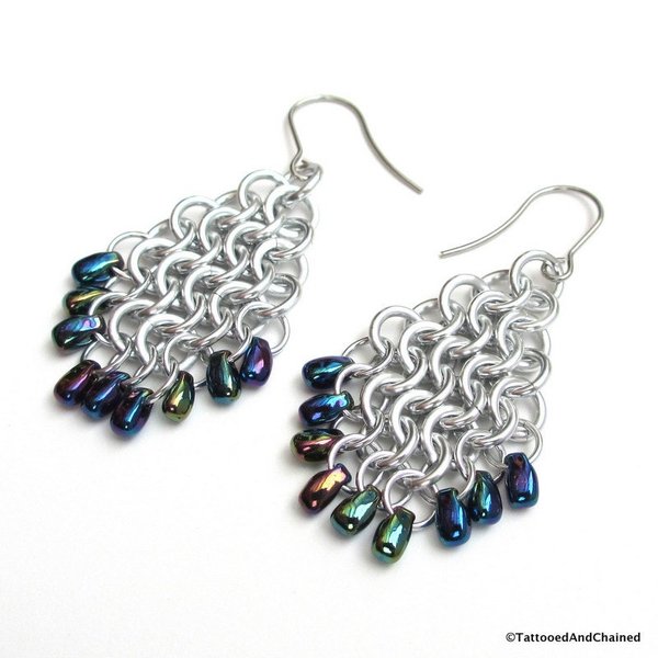 Beaded chainmail earrings, blue iris beads and silver earrings, European 4 in 1 weave chainmail jewelry, tear drop shaped