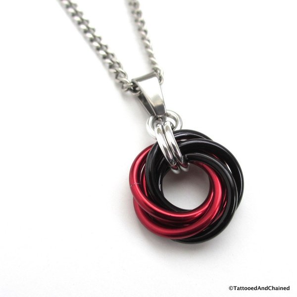Red and black pendant necklace, chainmail love knot, chainmail jewelry