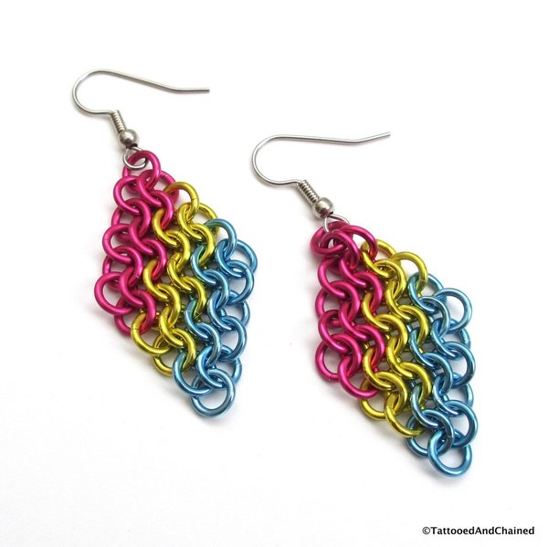 Pan pride earrings, pansexual pride jewelry, Euro 4 in 1 chainmail earrings; pink, yellow, light blue