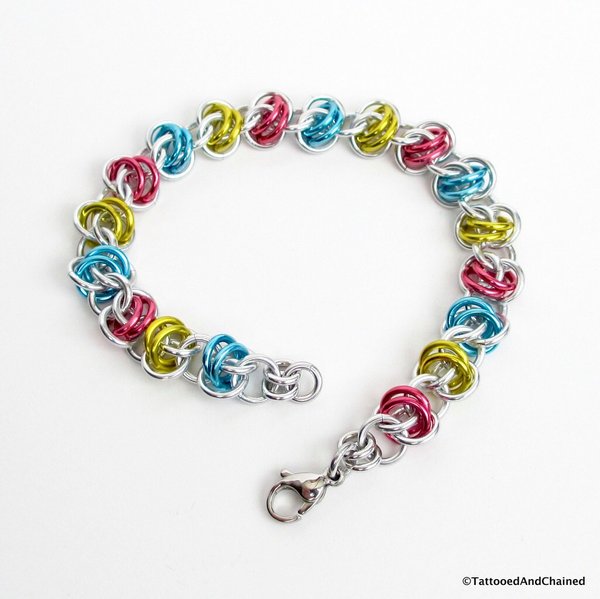 Pansexual pride bracelet, chainmaille bracelet, pan pride jewelry, barrel weave chainmaille