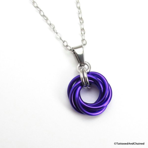 Purple pendant, chainmail love knot, small circle necklace, purple jewelry