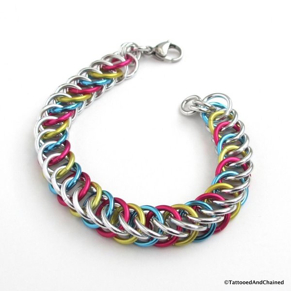 Pansexual pride bracelet, chainmail half Persian 4 in 1 weave, pan pride jewelry